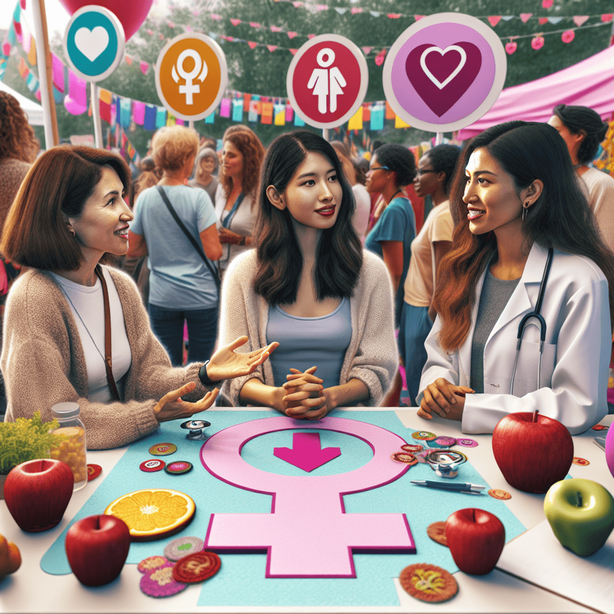 A Caucasian woman, a Hispanic woman, and an Asian woman are gathered at an outdoor health fair, engaging in a lively discussion with female health pro