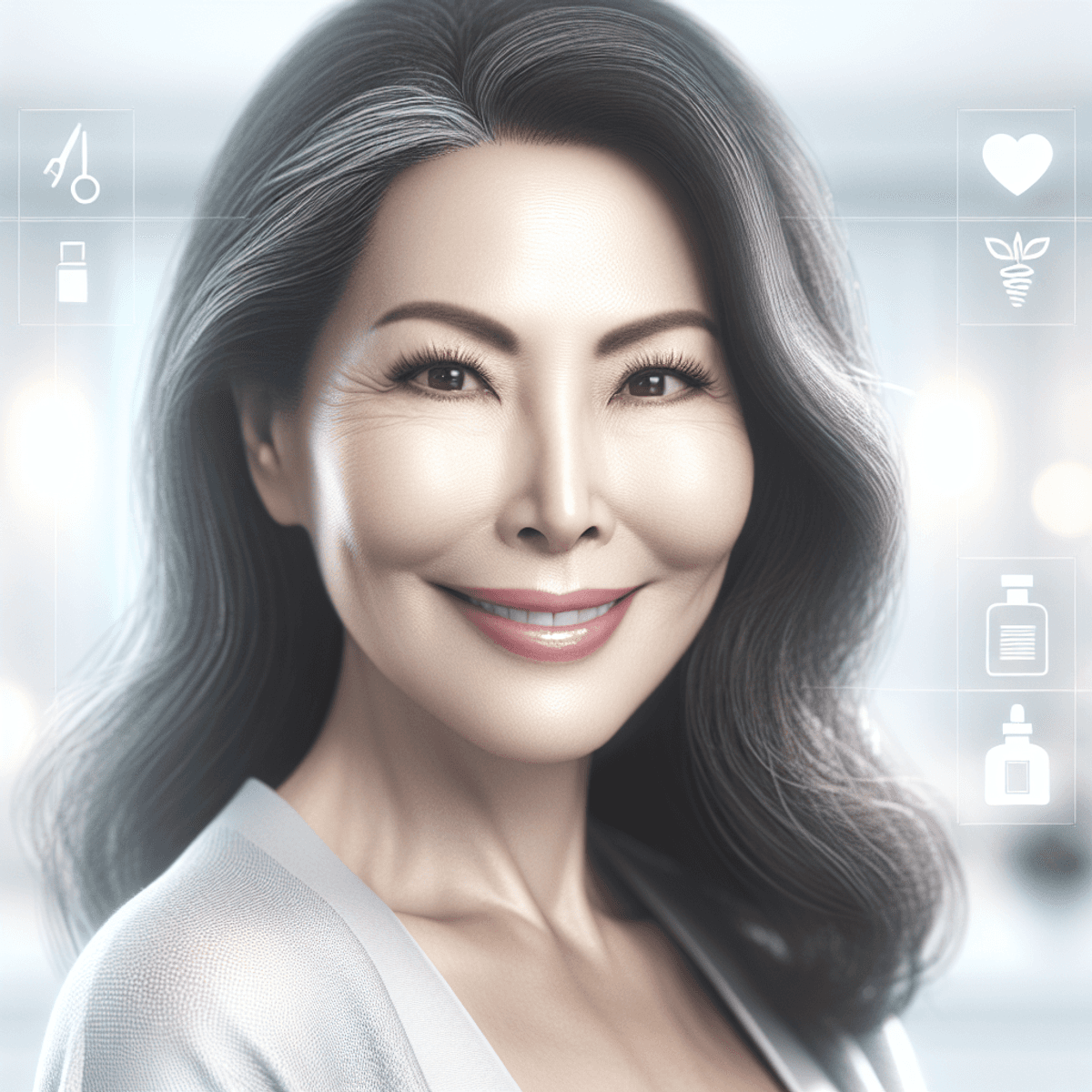 A serene and confident middle-aged Asian woman with a glowing smile and smooth skin, set against a bright, modern cosmetic clinic environment. Her fac